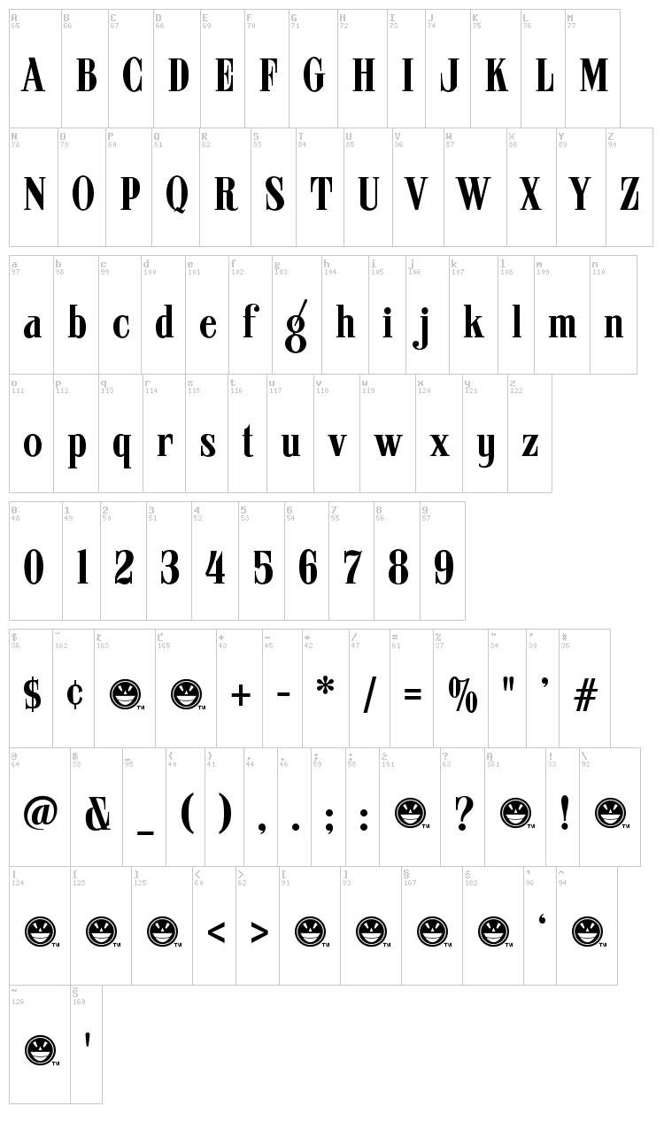 ARB 08 Extreme Roman AUG-32 CAS font map